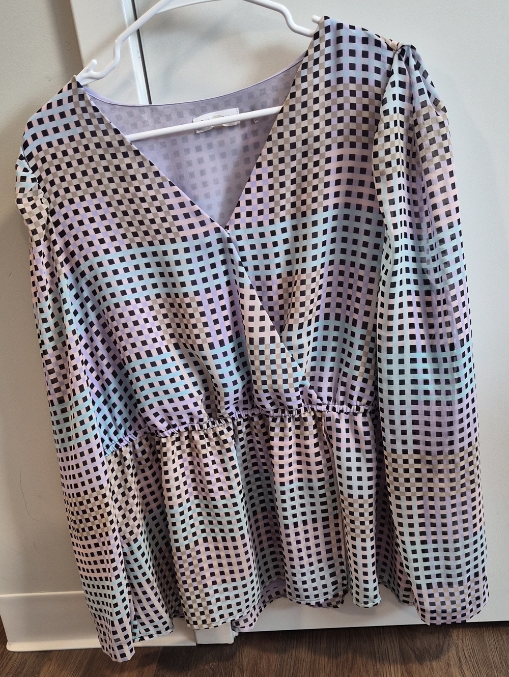Calvin Klein Pastel Grid Peplum Blouse - Lavender, Mint, Blush